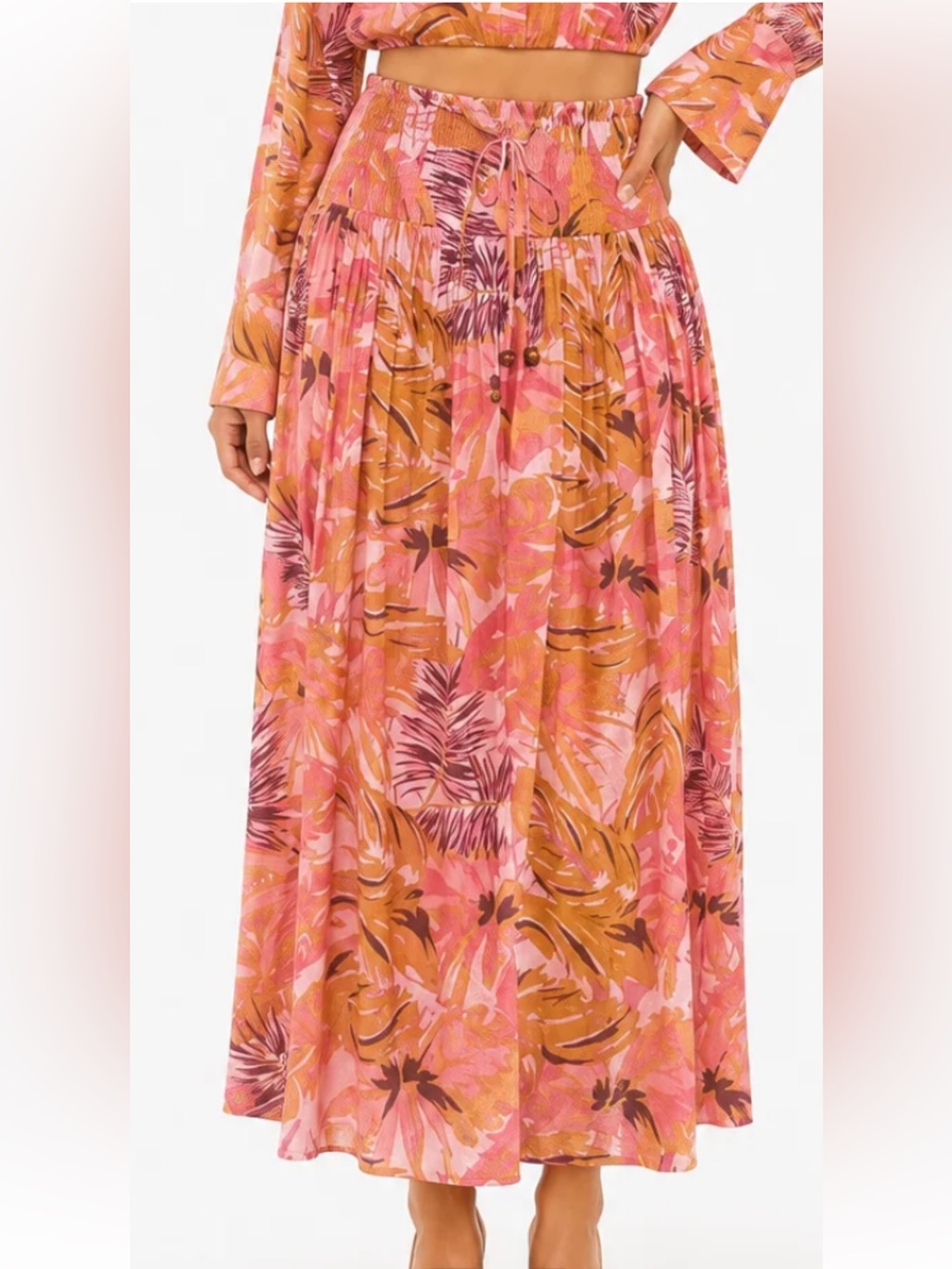 MELLODAY Palm Leaf Print Tropical Tiered Ruffle Maxi Skirt - Smocked waist- Sz L